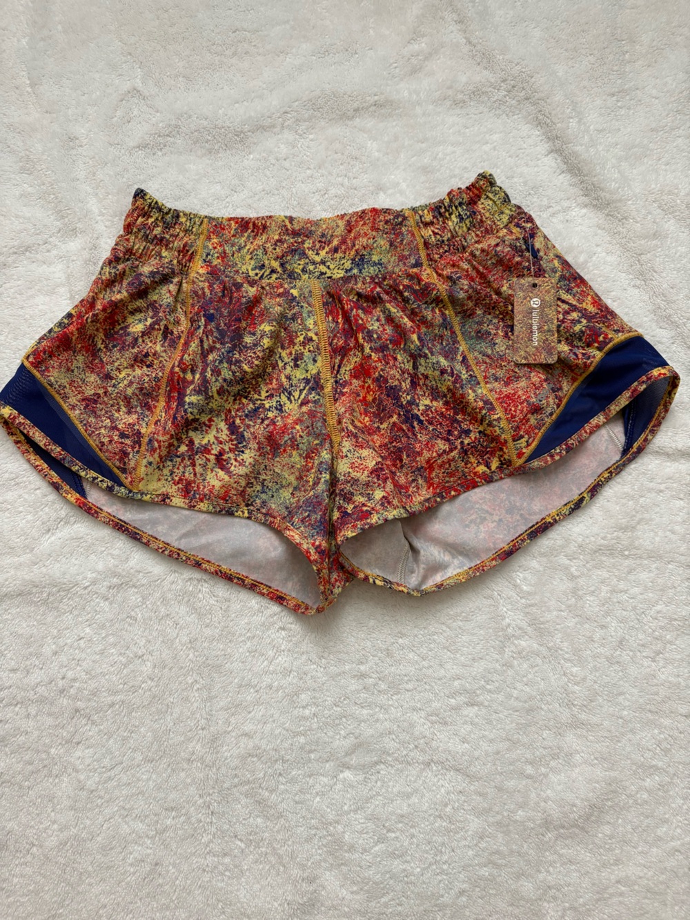 lululemon athletica Multi-Color Splatter Print Athletic Shorts with Navy Trim